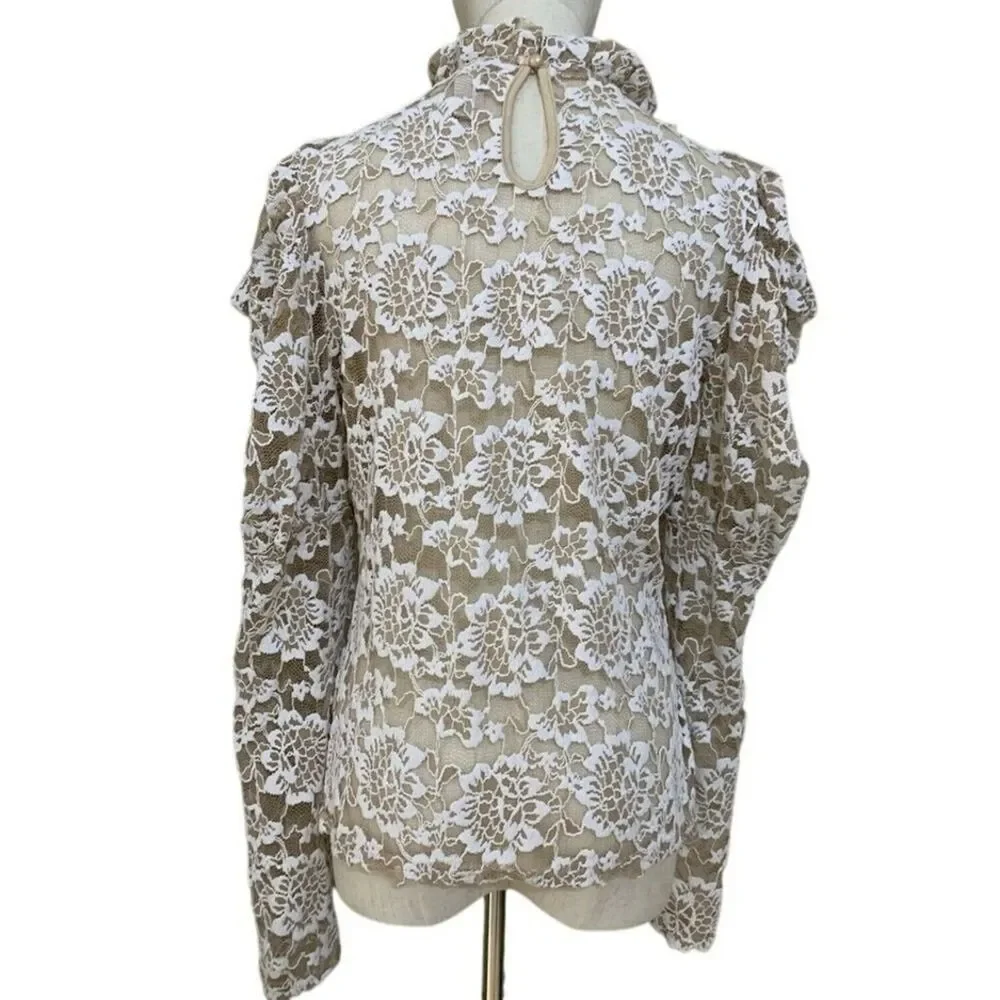 Dolan Lace Blouse White Floral Ruffle Neck Puff Sleeve Top Womens Petite M